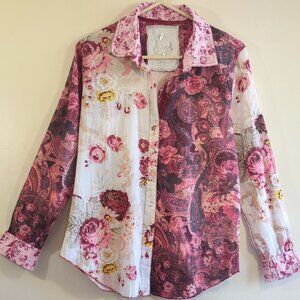 CINO Paisley Mixed-Floral Crinkle Blouse Button Up Boho Chic Lightweight Medium